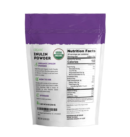 Kate Naturals Inulin Powder Organic from Blue Agave (8oz) Soluble Prebiotic Fiber for Coffee, Yogurt & Smoothies - Maple Wellness Supplements