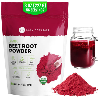 Kate Naturals Organic Beet Root Powder for Smoothies, Baking & Juice. Raw Beetroot Superfood & Natural Red Food Coloring - Maple Wellness Supplements