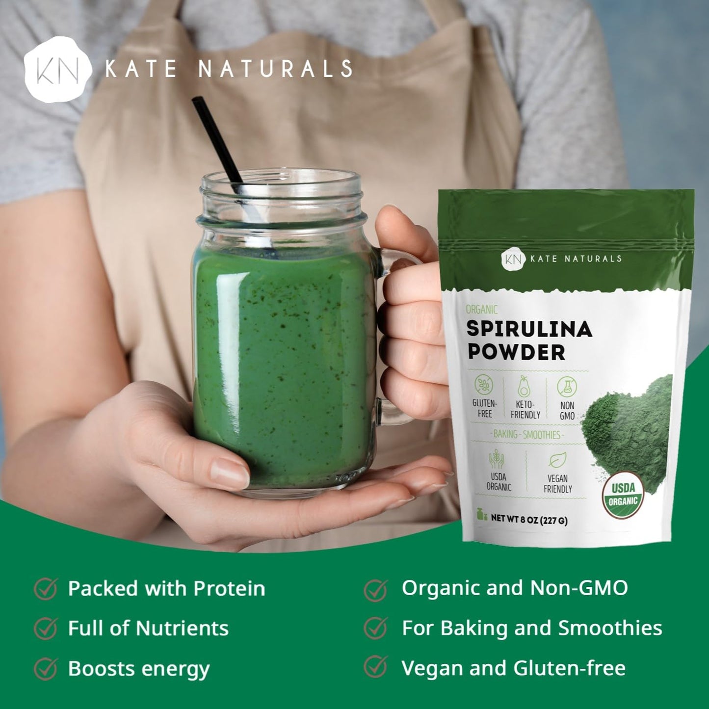 Kate Naturals Organic Spirulina Powder for Immune Support and Antioxidants. Nutrient Dense Superfood Supplement - Maple Wellness Supplements