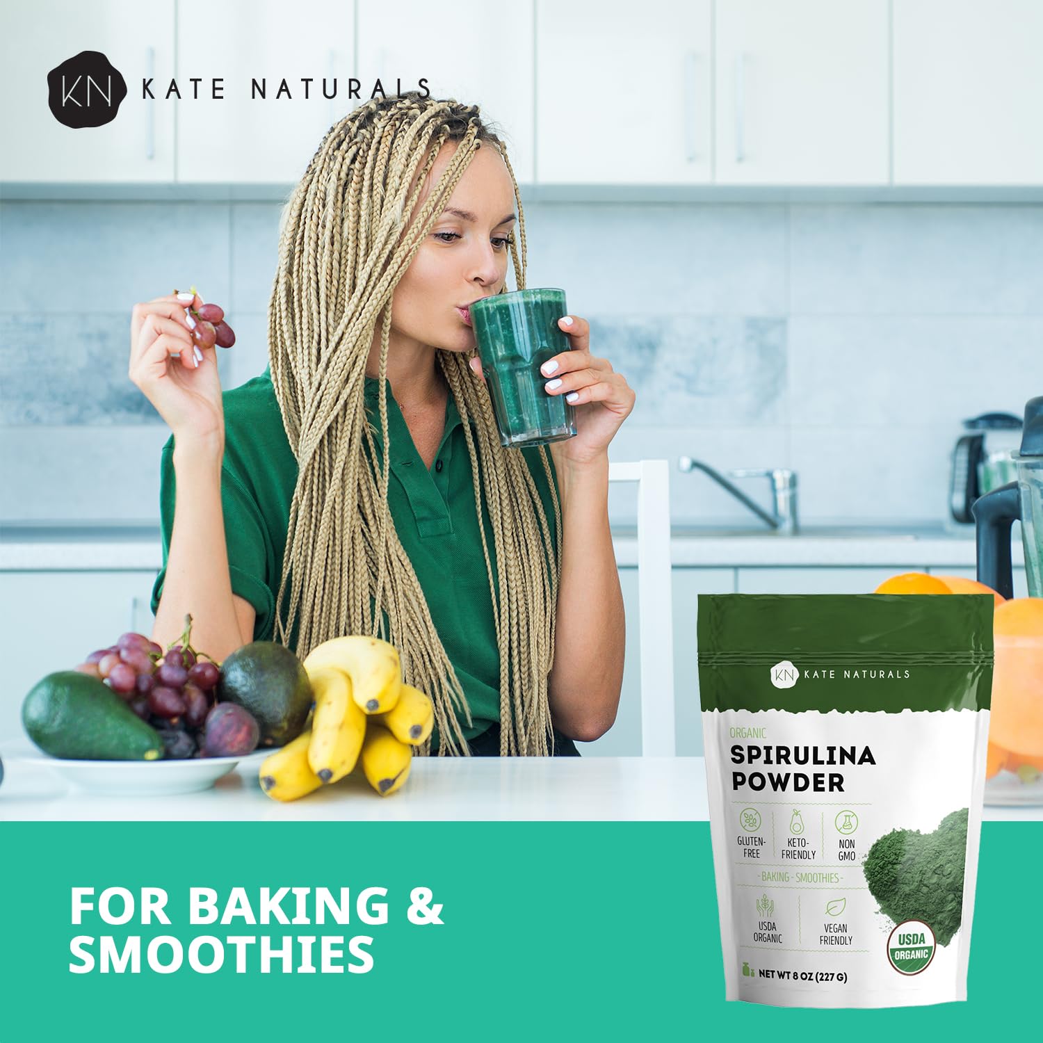 Kate Naturals Organic Spirulina Powder for Immune Support and Antioxidants. Nutrient Dense Superfood Supplement - Maple Wellness Supplements