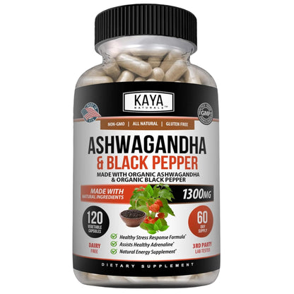Kaya Naturals Ashwagandha 1300mg, 120 Count Capsules for Stress Relief, Adrenal, Mood & Thyroid Support, Black Pepper and 100% Pure Ashwagandha -120 Capsules - Maple Wellness Supplements