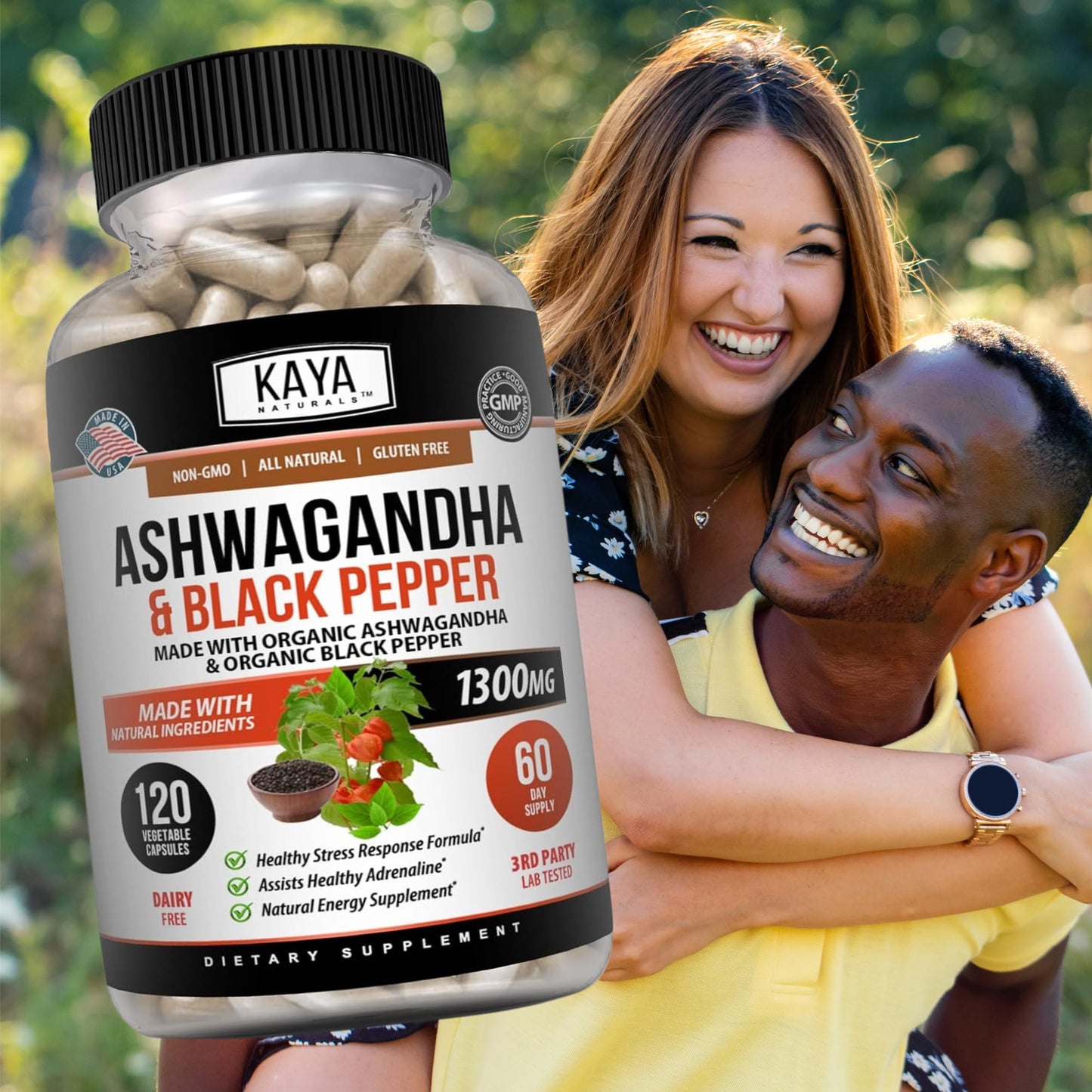 Kaya Naturals Ashwagandha 1300mg, 120 Count Capsules for Stress Relief, Adrenal, Mood & Thyroid Support, Black Pepper and 100% Pure Ashwagandha -120 Capsules - Maple Wellness Supplements