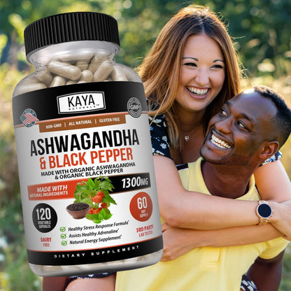 Kaya Naturals Ashwagandha 1300mg, 120 Count Capsules for Stress Relief, Adrenal, Mood & Thyroid Support, Black Pepper and 100% Pure Ashwagandha -120 Capsules - Maple Wellness Supplements