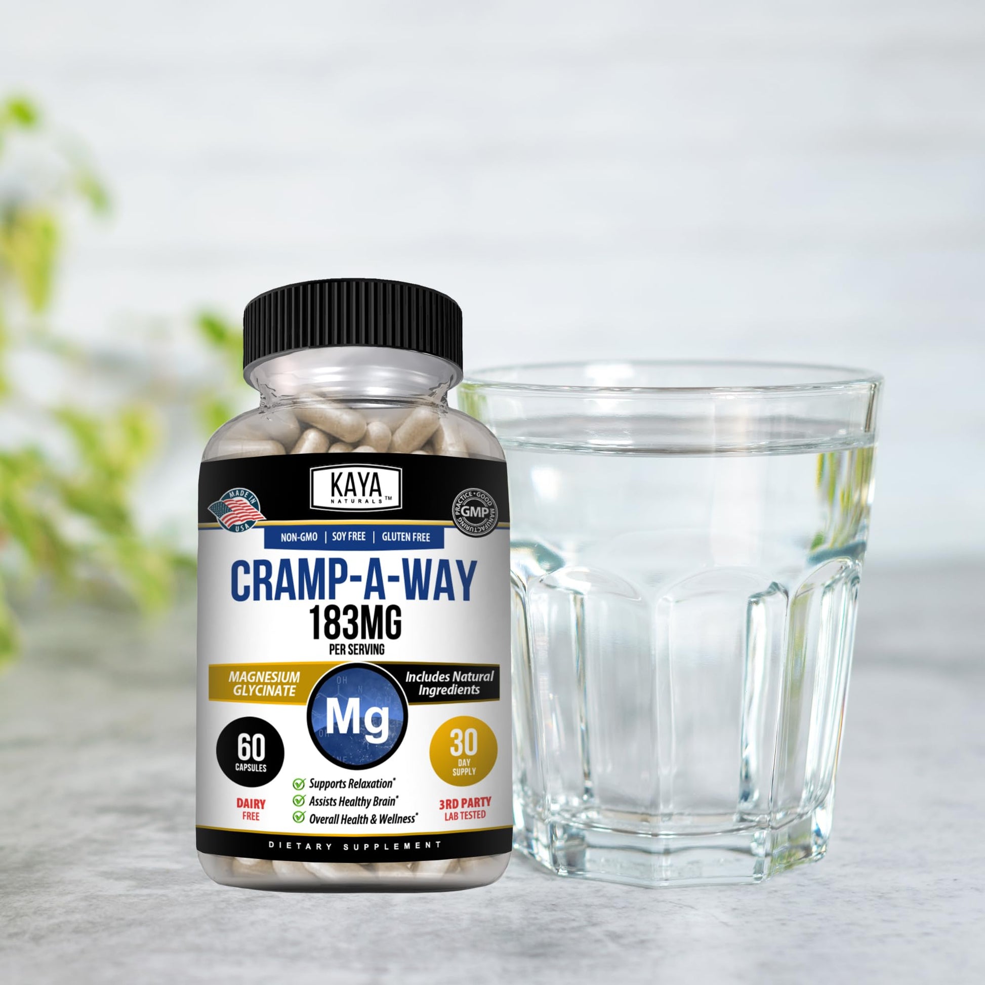 Kaya Naturals Cramp-A-Way Magnesium Glycinate 183mg (60 Count (Pack of 1) - Maple Wellness Supplements