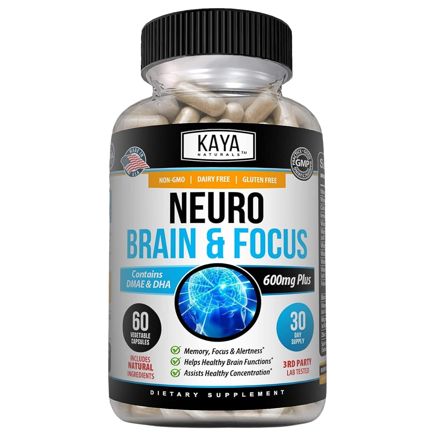 Kaya Naturals - Neuro Brain for Memory & Focus - Nootropic Energy Capsule - Nootropic Brain Support Supplement - Focus & Concentration & Learning Accuracy - Cognitive Function - 60 Count - Maple Wellness Supplements