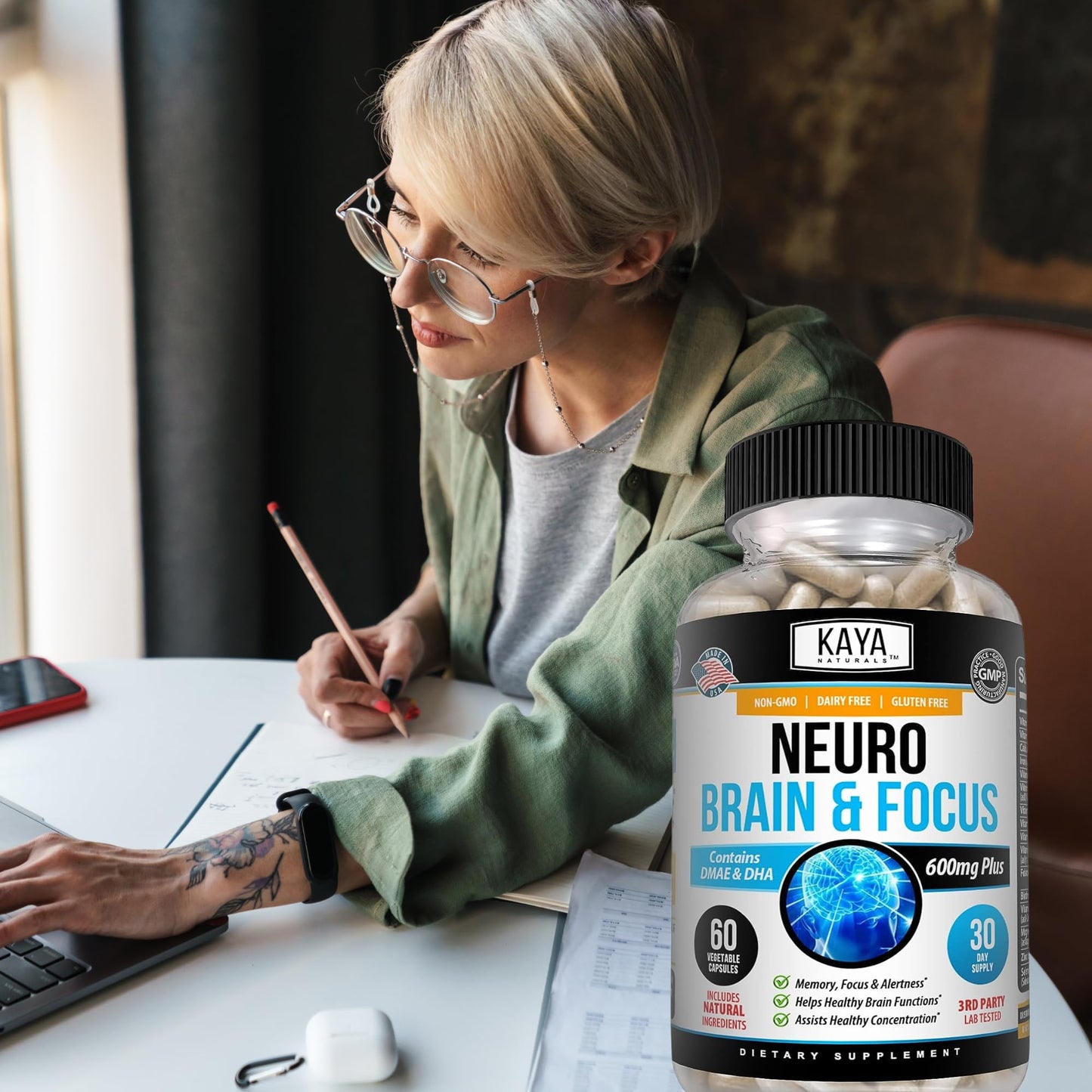 Kaya Naturals - Neuro Brain for Memory & Focus - Nootropic Energy Capsule - Nootropic Brain Support Supplement - Focus & Concentration & Learning Accuracy - Cognitive Function - 60 Count - Maple Wellness Supplements
