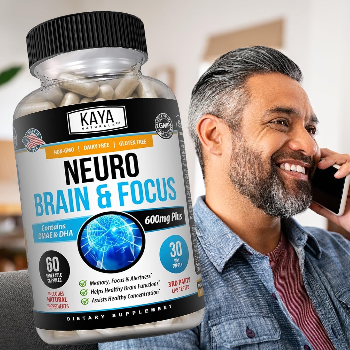 Kaya Naturals - Neuro Brain for Memory & Focus - Nootropic Energy Capsule - Nootropic Brain Support Supplement - Focus & Concentration & Learning Accuracy - Cognitive Function - 60 Count - Maple Wellness Supplements