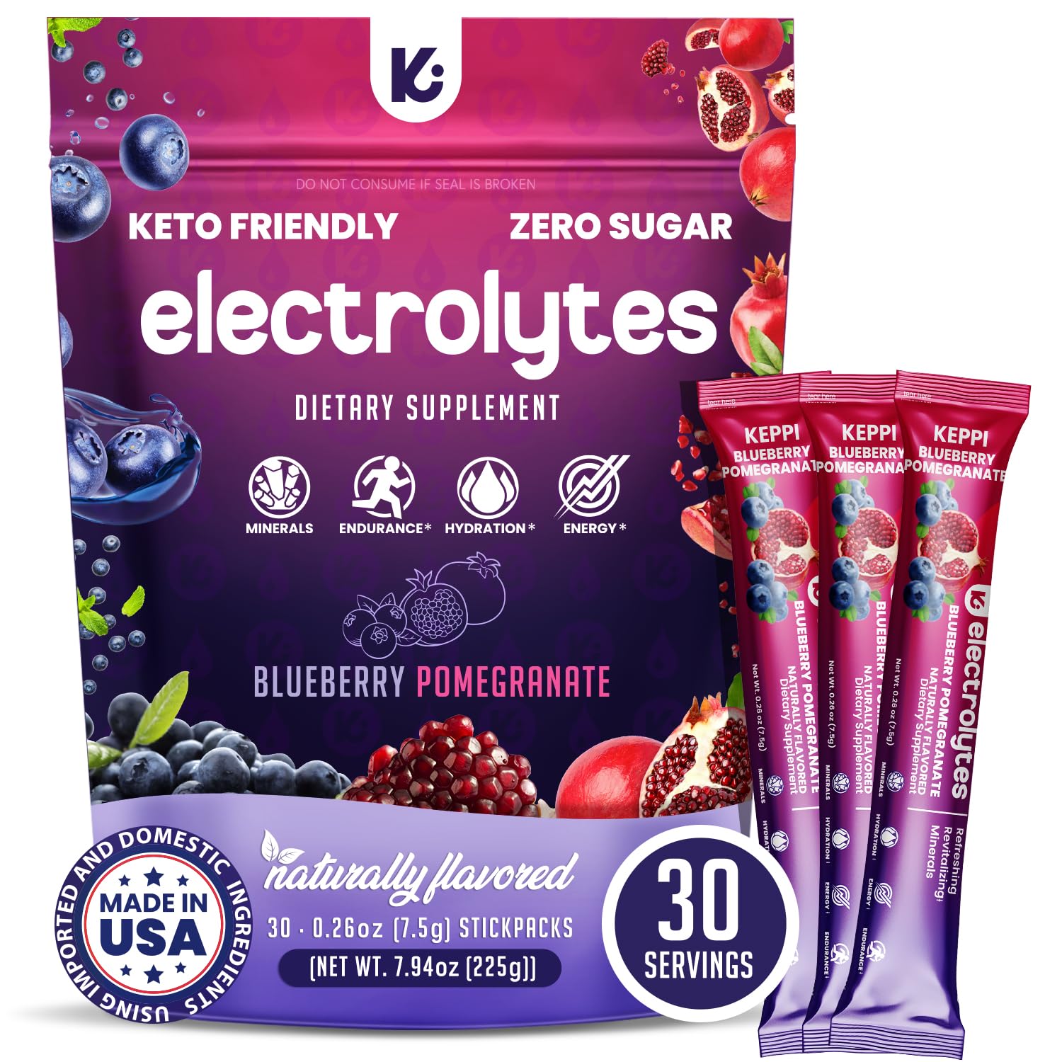 Keppi Electrolytes Powder Packets – Blueberry Pomegranate 30 Servings – No Sugar Hydration Supplement with Potassium, Magnesium, Sodium – Keto, Vegan - Maple Wellness Supplements