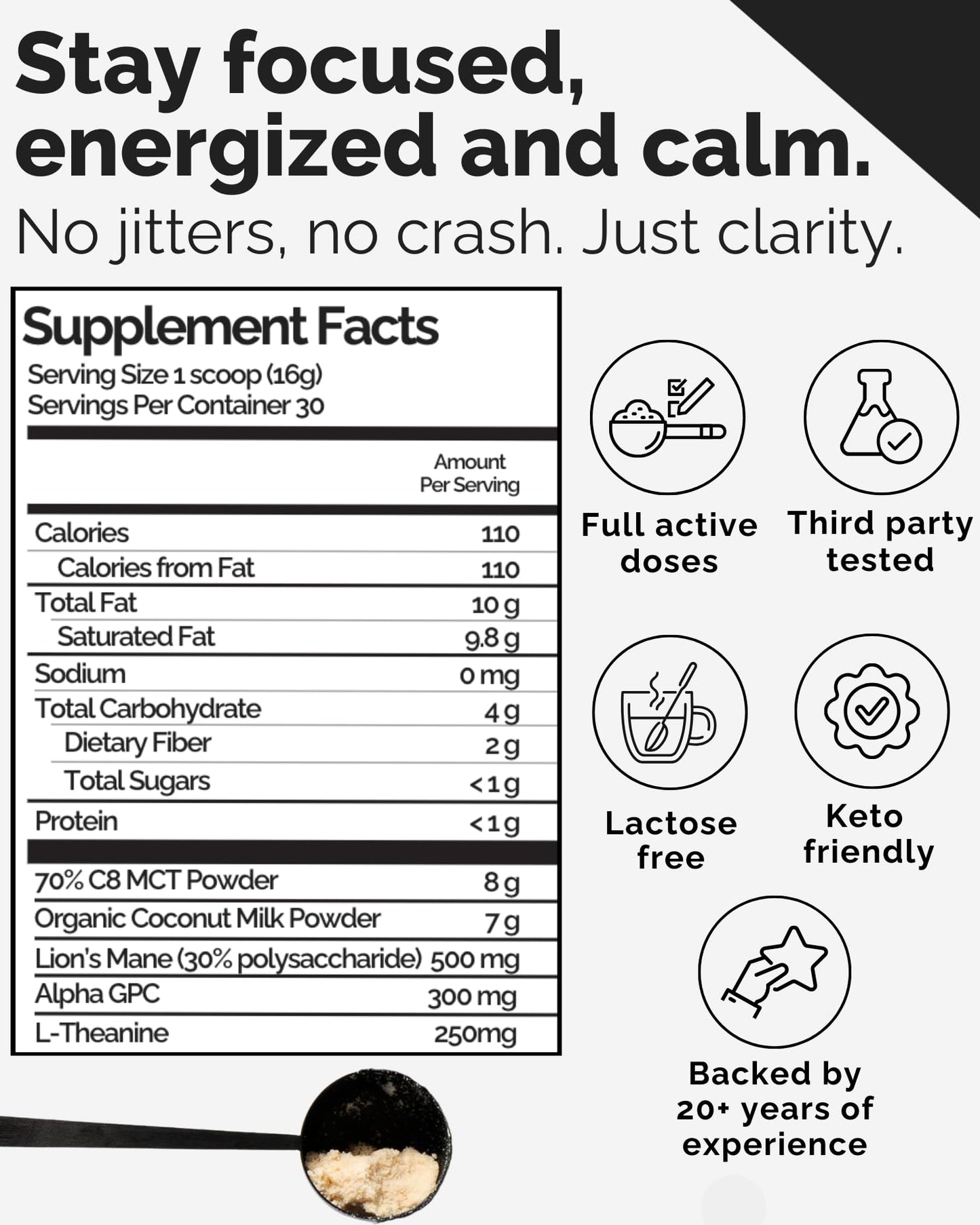 Keto Brainz C8MCT Based Nootropic - with 500mg Lion's Mane Mushroom, AlphaGPC & L-Theanine This is The Ultimate Easy to use nootropic Stack & Makes Delicious Mushroom Coffee! 16oz. 30 Servings - Maple Wellness Supplements