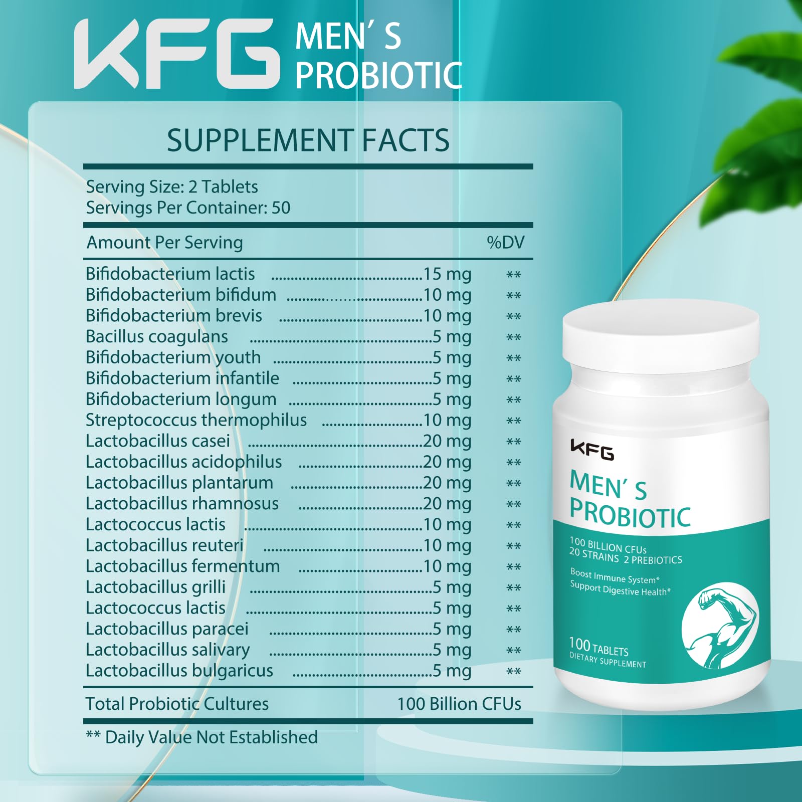 KFG Probiotic Supplement 100 Billion CFU, 20 Strains, 2 Prebiotics and Digestive Enzymes, Supports Digestion, Immune Support, Gut Health and Metabolism, Non-GMO, - Maple Wellness Supplements