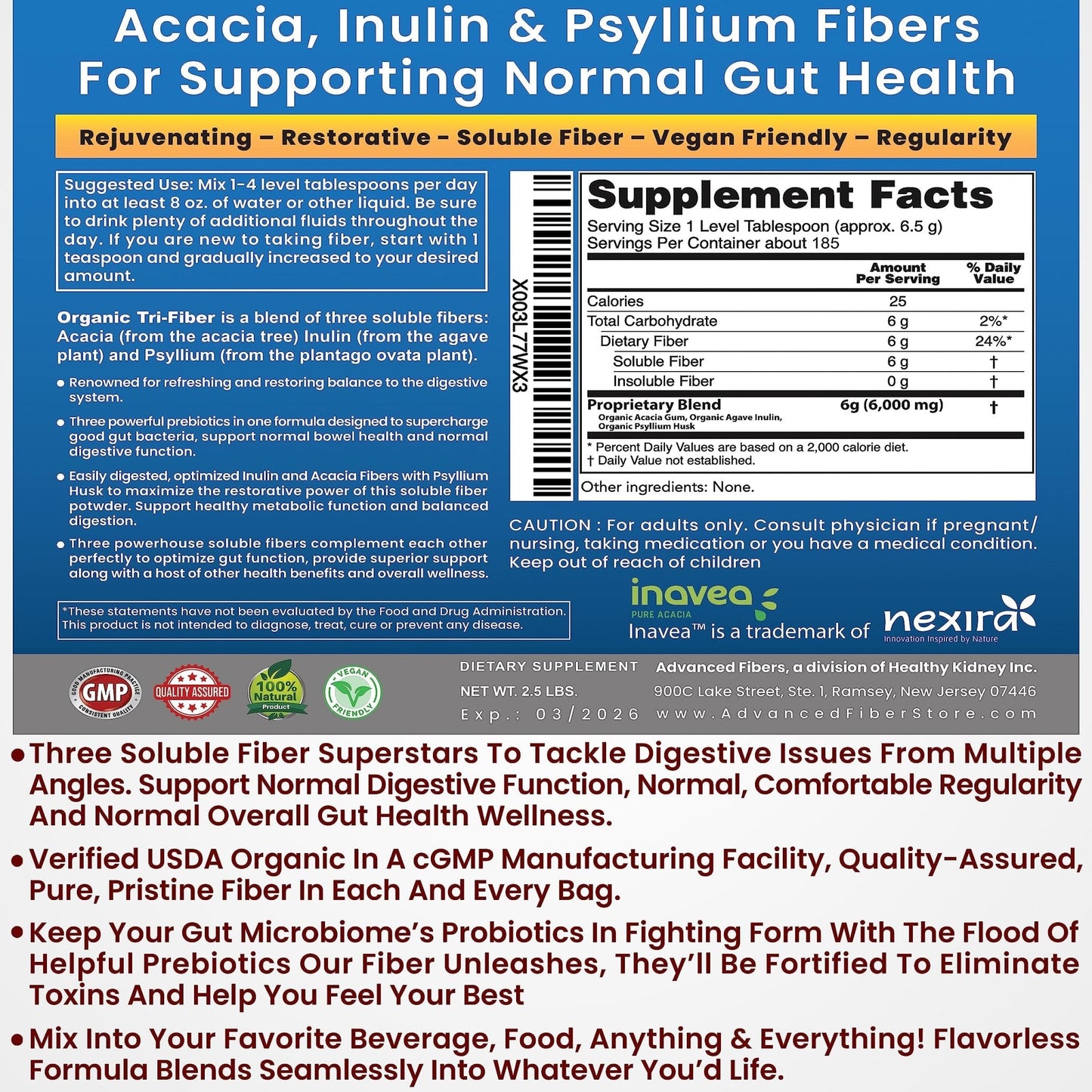 Kidney Restore Tri-Fiber Organic Soluble Fiber Powder, Unflavored High Fiber 3-in-1 - Maple Wellness Supplements