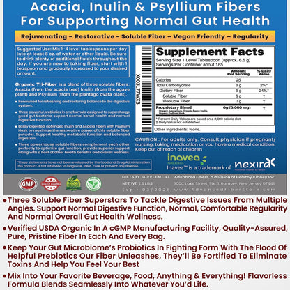 Kidney Restore Tri-Fiber Organic Soluble Fiber Powder, Unflavored High Fiber 3-in-1 - Maple Wellness Supplements
