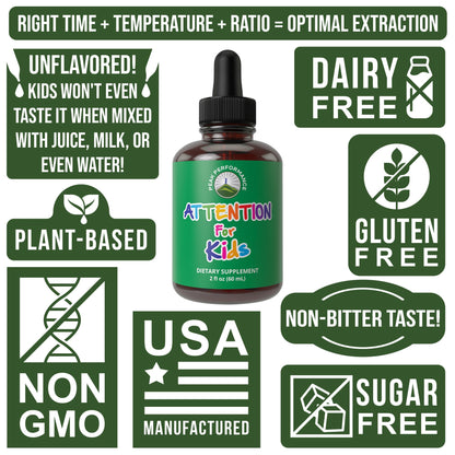 Kids Focus Drops. Attention Deficit Liquid Supplement for Concentration, Attention, Brain, Memory. No Bitter Taste. Natural Non-Habit Forming Sugar Free 7-in-1 Vegan Nootropic for Children, Teenagers - Maple Wellness Supplements