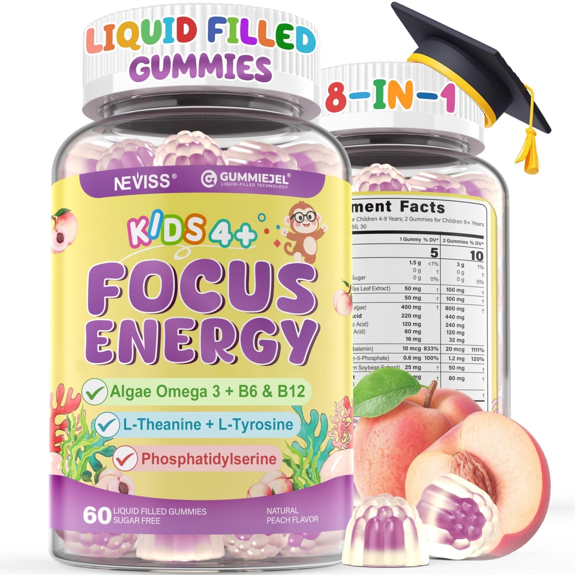 Kids Focus Gummies - Brain Supplements with Vegan Omega 3 DHA, Phosphatidylserine, L-Theanine, L-Tyrosine, Methylated B6 & B12 for Kids & Teen Support Attention, Memory, Nootropic, Sugar Free 60cts - Maple Wellness Supplements