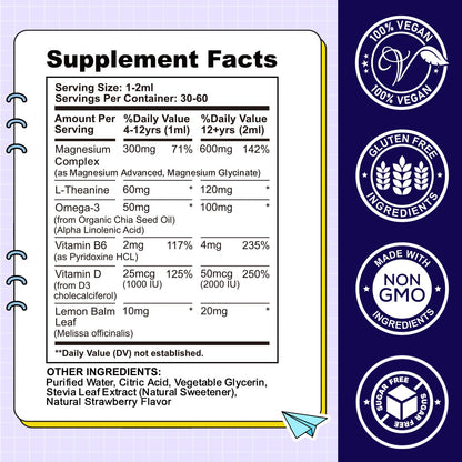 Kids Magnesium Liquid Drops-Magnesium Glycinate Liquid for Kids Supplement-w/L-theanine, Omega-3, Vitamin B6, D3 - for Sleep, Relaxation, Brain, Bones - Maple Wellness Supplements