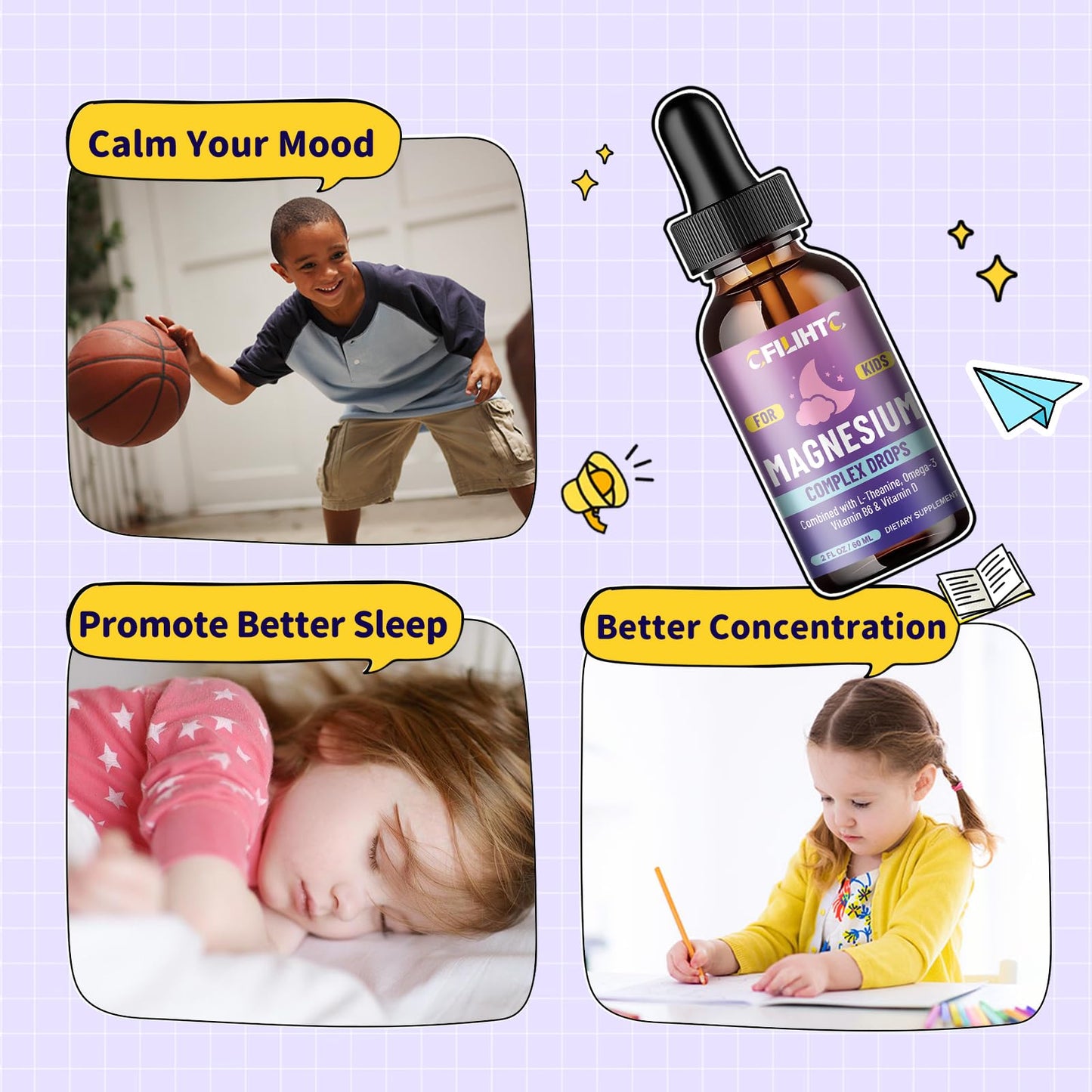 Kids Magnesium Liquid Drops-Magnesium Glycinate Liquid for Kids Supplement-w/L-theanine, Omega-3, Vitamin B6, D3 - for Sleep, Relaxation, Brain, Bones - Maple Wellness Supplements