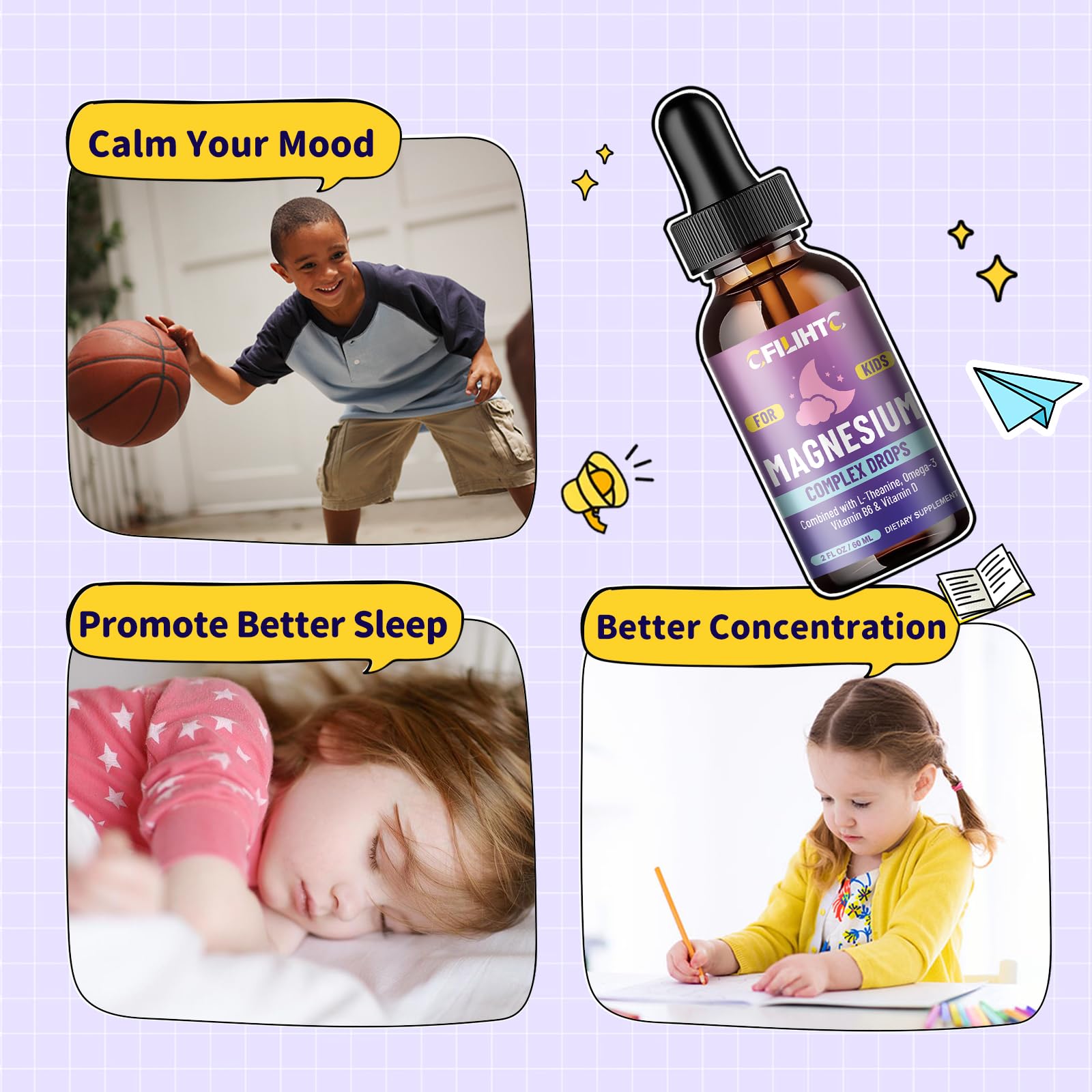 Kids Magnesium Liquid Drops-Magnesium Glycinate Liquid for Kids Supplement-w/L-theanine, Omega-3, Vitamin B6, D3 - for Sleep, Relaxation, Brain, Bones - Maple Wellness Supplements