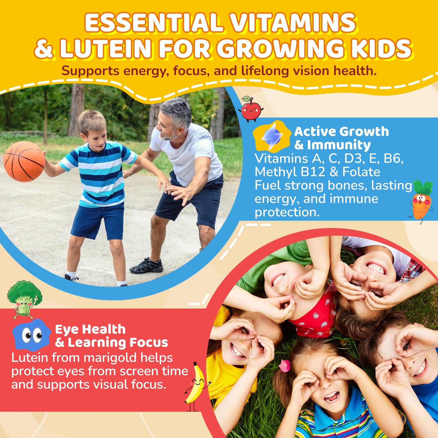 Kids Probiotic + Prebiotic Fiber Gummies 5G, 12 Billion CFU Probiotic & Veggie Fruit Fiber, w/ Organic Inulin, Methyl B12 B6 D3 C, Lutein for Children's Digestive & Gut, - Maple Wellness Supplements