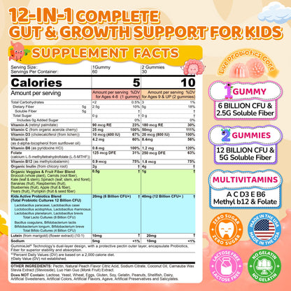 Kids Probiotic + Prebiotic Fiber Gummies 5G, 12 Billion CFU Probiotic & Veggie Fruit Fiber, w/ Organic Inulin, Methyl B12 B6 D3 C, Lutein for Children's Digestive & Gut, - Maple Wellness Supplements