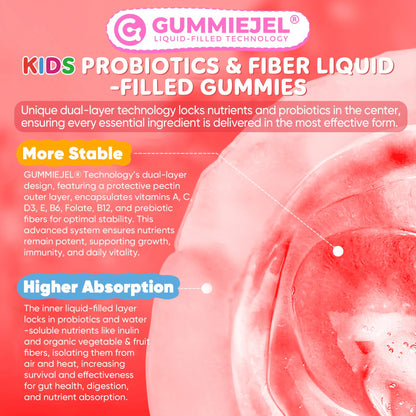 Kids Probiotic + Prebiotic Fiber Gummies 5G, 12 Billion CFU Probiotic & Veggie Fruit Fiber, w/ Organic Inulin, Methyl B12 B6 D3 C, Lutein for Children's Digestive & Gut, - Maple Wellness Supplements