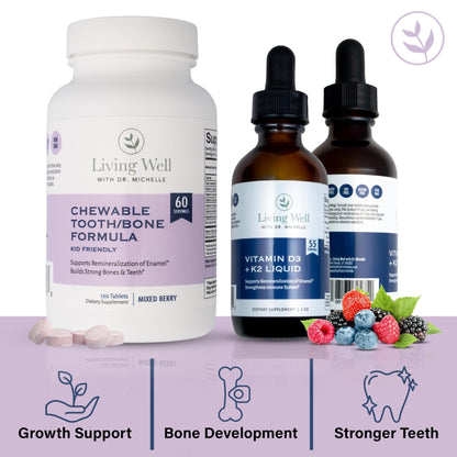 Kids Tooth & Bone Support Bundle | Chewable Calcium + D3 K2 & Liquid Vitamin D Supplement | Dentist-Developed | Strong Teeth, Enamel & Bone Health for Kids | Fluoride-Free, Non-GMO, Gluten-Free - Maple Wellness Supplements