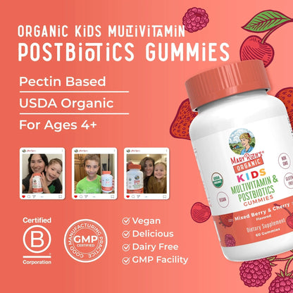 Kids Vitamins by MaryRuth's | USDA Organic | Multivitamin Gummies + Postbiotics for Ages 4+ | Multivitamin for Kids with Lactobacillus Rhamnosus | Children’s Vitamins | Vegan | Non-GMO | 60 Count - Maple Wellness Supplements