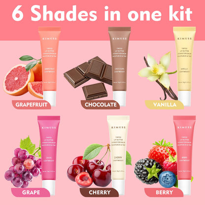 KIMUSE 6 Pcs Tinted Lip Butter Hydration Balm Set, 6 Flavored Shades Hydrating Plumping Gloss with Hyaluronic Acid & Vitamin E, Sheer Tint, Non-Sticky | Vegan Lip Care Makeup for Dry Lips & Daily - Maple Wellness Supplements