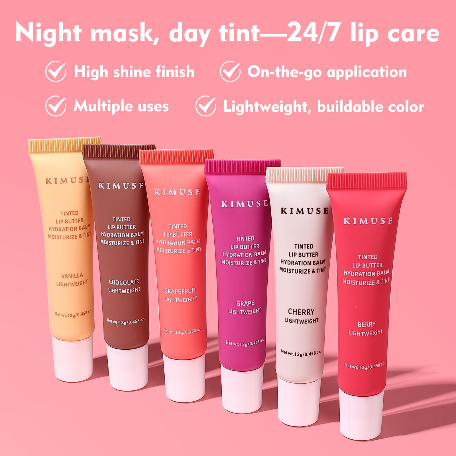 KIMUSE 6 Pcs Tinted Lip Butter Hydration Balm Set, 6 Flavored Shades Hydrating Plumping Gloss with Hyaluronic Acid & Vitamin E, Sheer Tint, Non-Sticky | Vegan Lip Care Makeup for Dry Lips & Daily - Maple Wellness Supplements