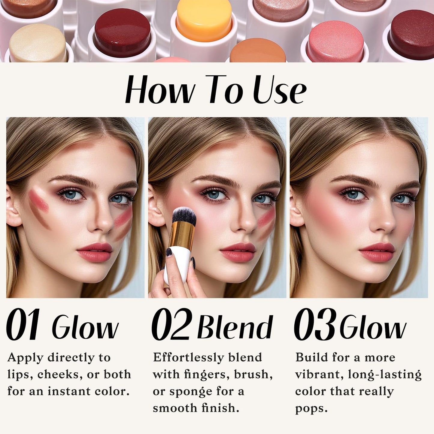 KIMUSE Face Sticks Trio, Cream Blush Stick & Highlighter Stick & Contour Stick for Sculpt the Cheeks, Long Lasting Cream Contour Stick Trio for Face Makeup, with Brush - Maple Wellness Supplements