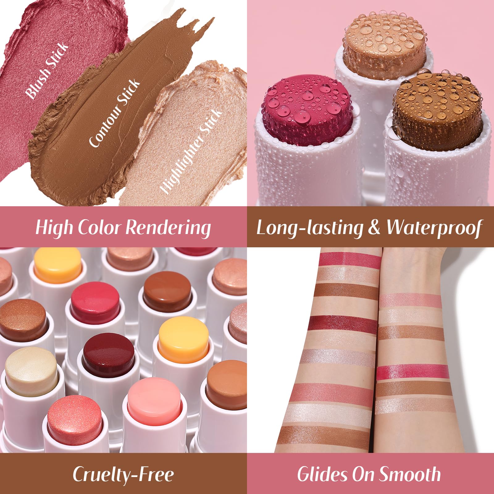KIMUSE Face Sticks Trio, Cream Blush Stick & Highlighter Stick & Contour Stick for Sculpt the Cheeks, Long Lasting Cream Contour Stick Trio for Face Makeup, with Brush - Maple Wellness Supplements