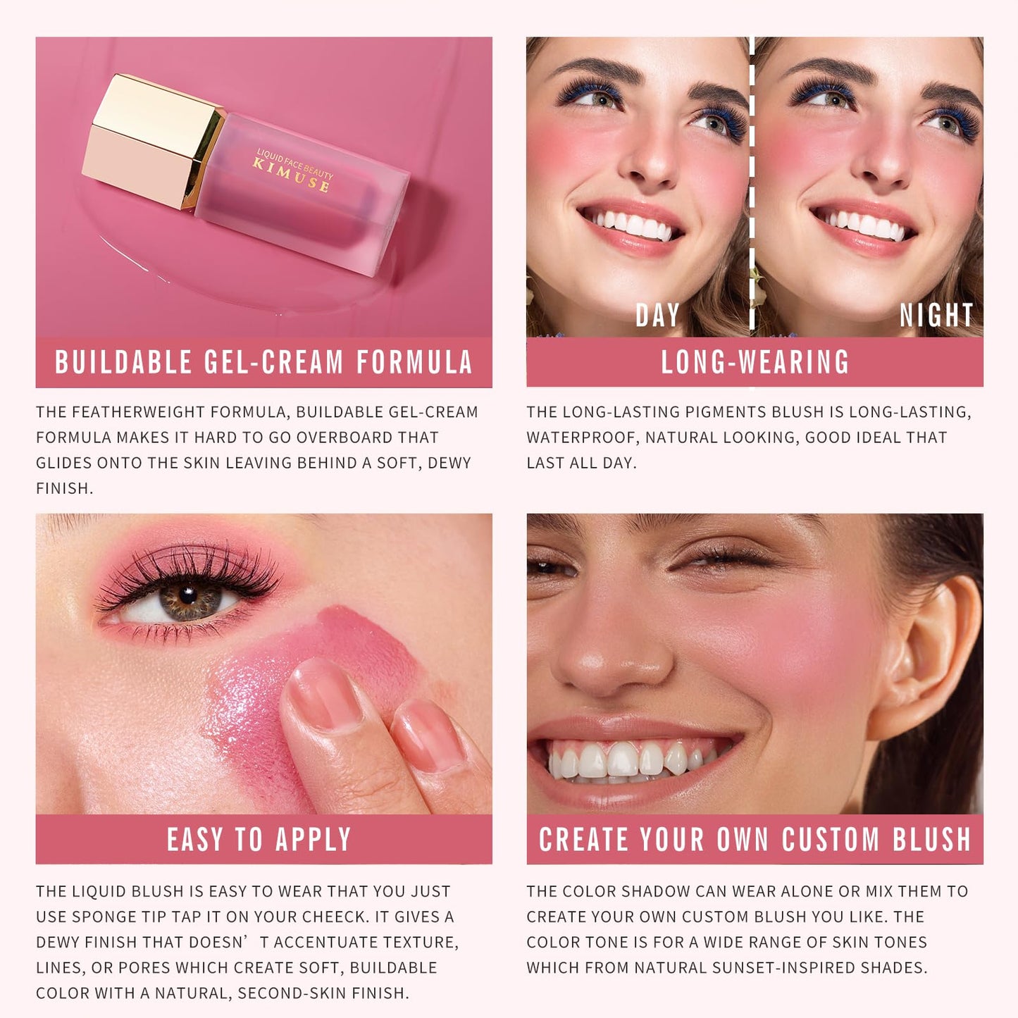 KIMUSE Liquid Blush, Long-Wearing Pigmented Soft Cream Face Blush, Waterproof, Smudge Proof, Dewy Finish - Maple Wellness Supplements