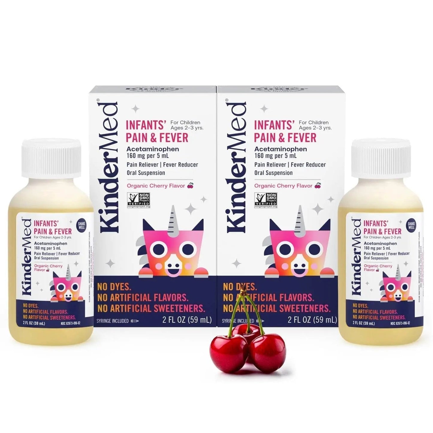 KinderMed Infants' Pain & Fever Medicine, No Dyes, No Artificial Flavors, No Artificial Sweeteners, Vegan, Non-GMO, Gluten Free, Organic Cherry Flavor, Two Pack, 2 x 2 fl. oz - Maple Wellness Supplements