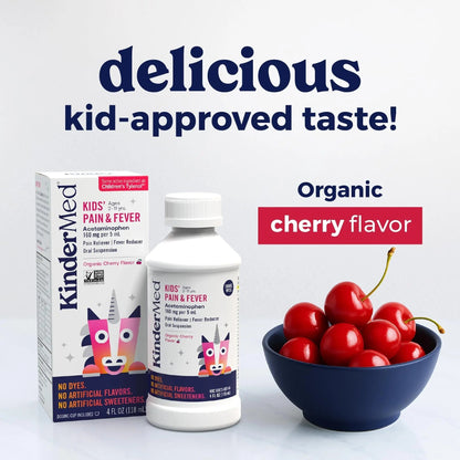 KinderMed Kids' Pain & Fever Medicine, for Ages 2-11 Years, No Dyes, No Artificial Flavors, No Artificial Sweeteners, Vegan, Non-GMO, Gluten Free, Organic Cherry Flavor, Two Pack, 2 x 4 fl. oz - Maple Wellness Supplements