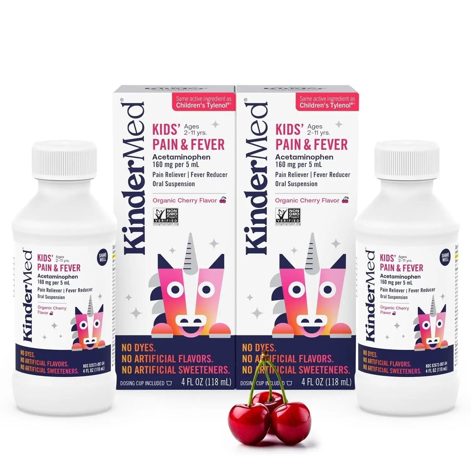 KinderMed Kids' Pain & Fever Medicine, for Ages 2-11 Years, No Dyes, No Artificial Flavors, No Artificial Sweeteners, Vegan, Non-GMO, Gluten Free, Organic Cherry Flavor, Two Pack, 2 x 4 fl. oz - Maple Wellness Supplements