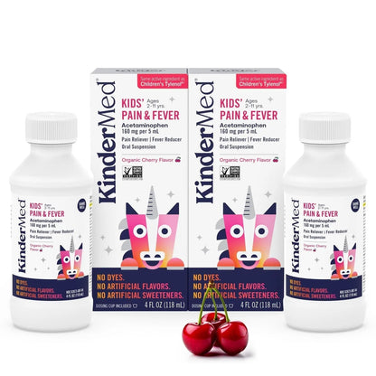 KinderMed Kids' Pain & Fever Medicine, for Ages 2-11 Years, No Dyes, No Artificial Flavors, No Artificial Sweeteners, Vegan, Non-GMO, Gluten Free, Organic Cherry Flavor, Two Pack, 2 x 4 fl. oz - Maple Wellness Supplements