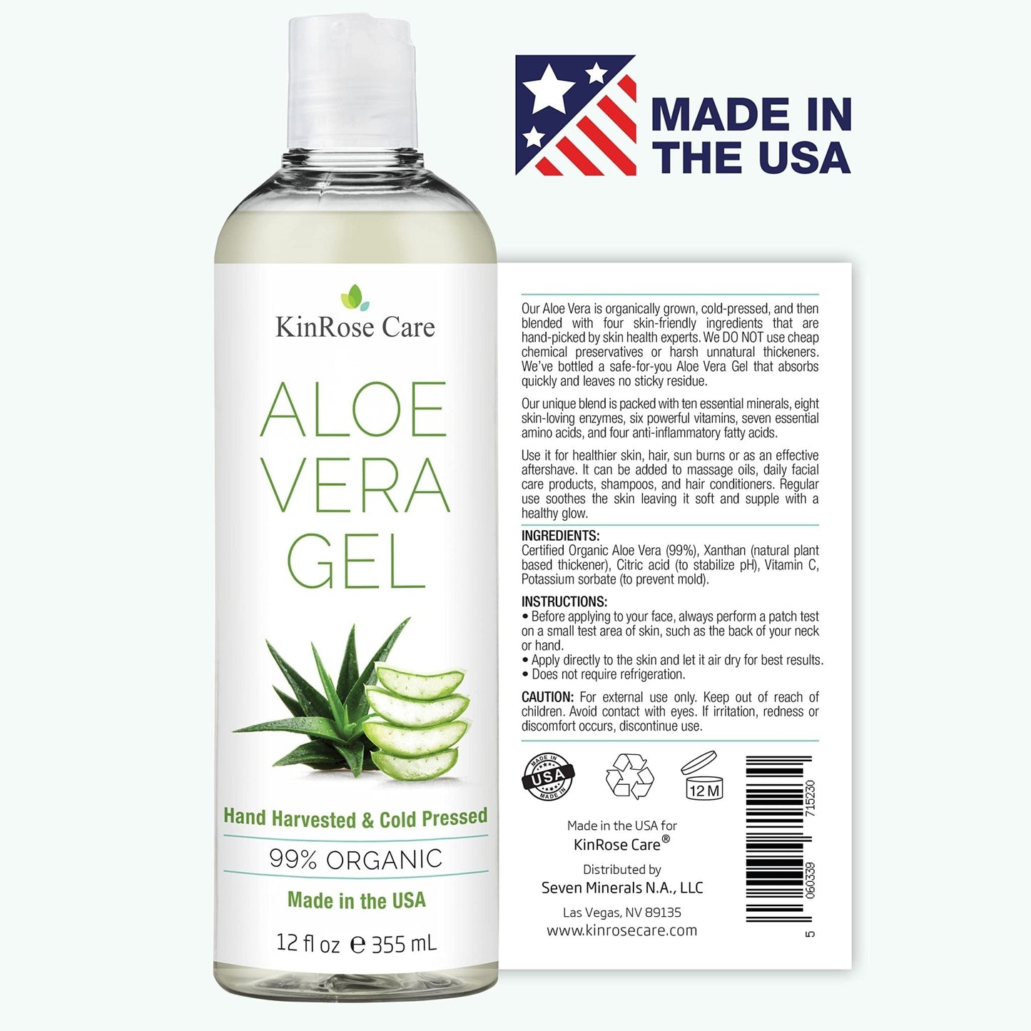 KinRose Care, 12oz Organic Aloe Vera Gel for Face, Skin, Hair & Sunburn Relief - From 100 Percent Pure Aloe Vera - Maple Wellness Supplements