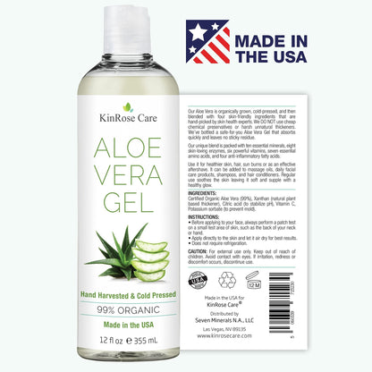 KinRose Care, 12oz Organic Aloe Vera Gel for Face, Skin, Hair & Sunburn Relief - From 100 Percent Pure Aloe Vera - Maple Wellness Supplements