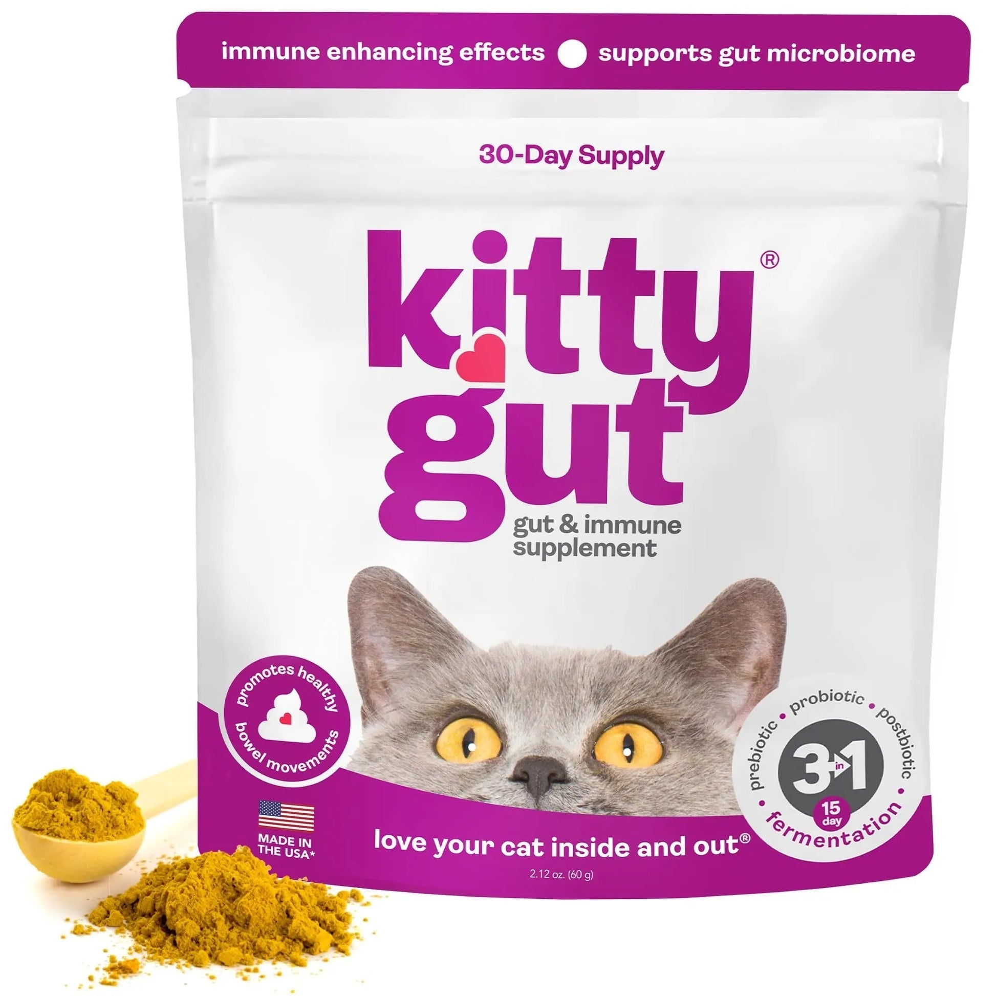 KittyGut 3-in-1 Organic Cat Probiotics & Postbiotic Supplement Powder- Made in USA-Probiotics for Cats Promote Gut Health and Cat Digestive Support, Diarrhea and Vomiting (60g) - Maple Wellness Supplements
