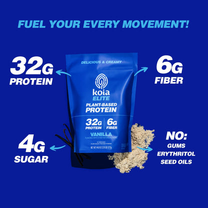 Koia Plant Based Protein Elite Powder, Vanilla, 32g Protein, 4g Sugar, 6g Prebiotic Fiber, Pre & Post Workout, 21 Vitamins & Minerals, Dairy-Free, Gluten-Free, Non-GMO, 24 Servings, 44.8 Oz - Maple Wellness Supplements