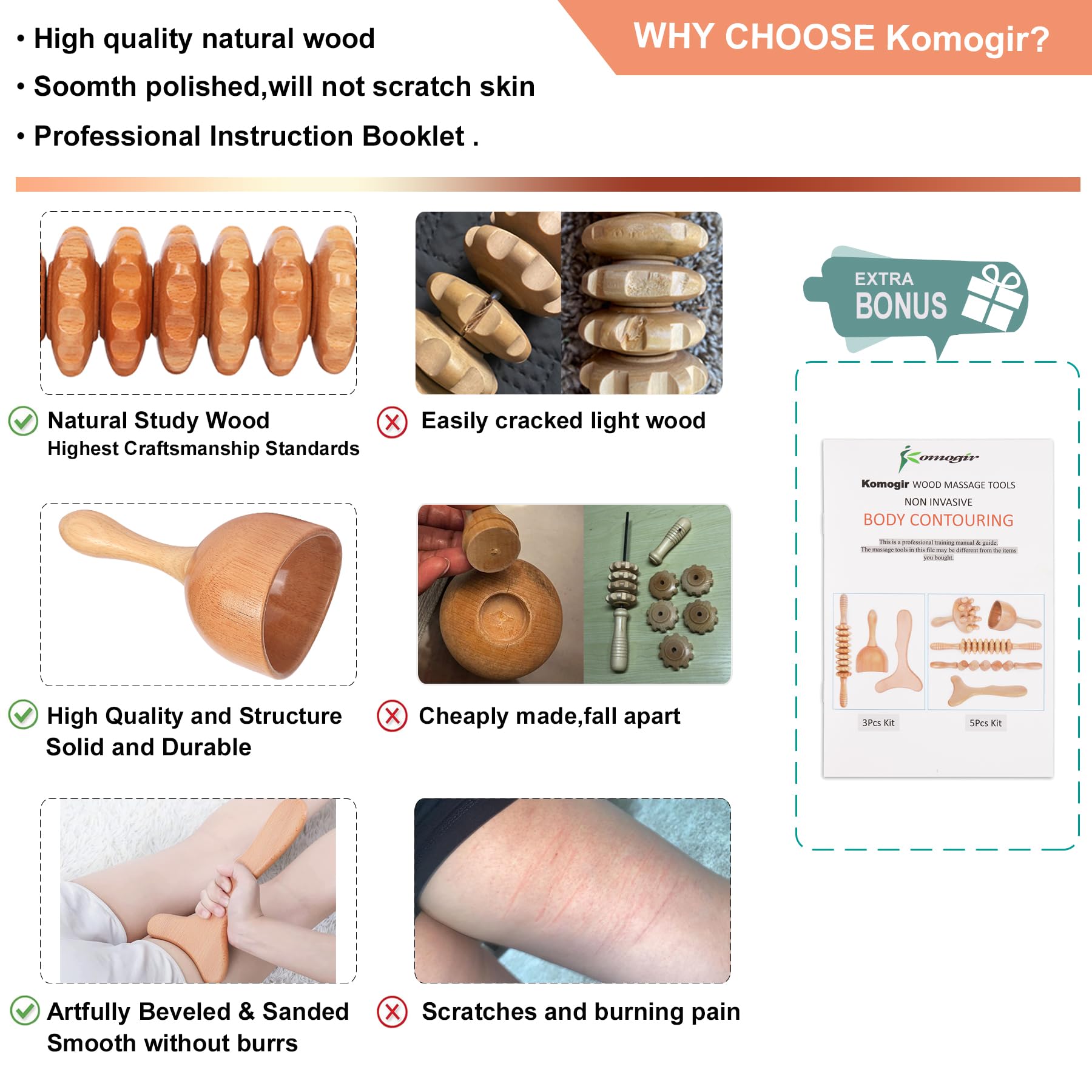Komogir 3-in-1 Wood Therapy Massage Tools Lymphatic Drainage Massager Wooden Massager for Maderoterapia,Anti-Cellulite, Body Sculpting & Contouring - Maple Wellness Supplements