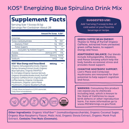 KOS Energizing Blue Spirulina Blend - USDA Certified Organic - B Vitamins, Ashwagandha, Ginseng, Adaptogens, Biotin - Vegan Pre Workout Powder - Caffeinated, Berry Flavored, 28 Servings - Maple Wellness Supplements