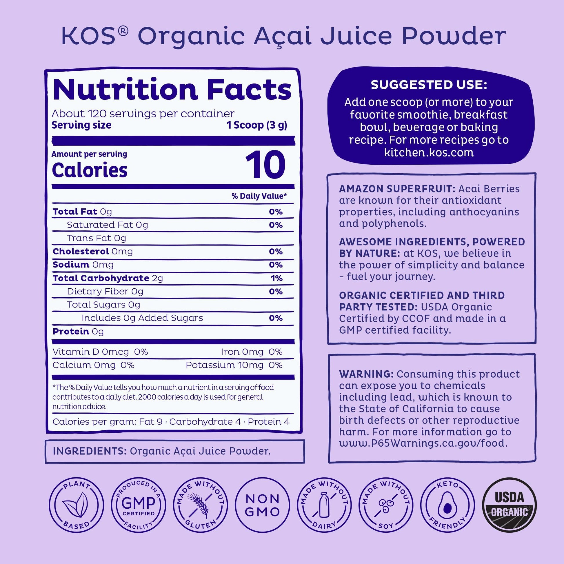 KOS Organic Acai Juice Powder - USDA Certified Organic, Plant Based Superfood Antioxidants, Superberry from Brazil, Great for Smoothies and Bowls, 0g Sugar, Vegan, Gluten-Free, Non-GMO - 120 Servings - Maple Wellness Supplements