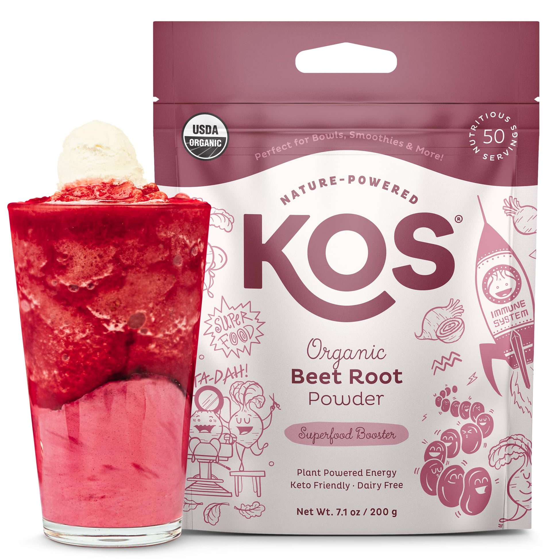 KOS Organic Beet Root Powder, USDA Certified - Superfood Plant Based Beetroot Ingredient for Stamina Increasing, Circulation - Non-GMO, Soy & Gluten-Free, 50 Servings Bag - Maple Wellness Supplements