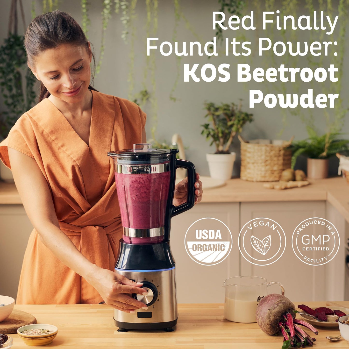 KOS Organic Beet Root Powder, USDA Certified - Superfood Plant Based Beetroot Ingredient for Stamina Increasing, Circulation - Non-GMO, Soy & Gluten-Free, 50 Servings Bag - Maple Wellness Supplements