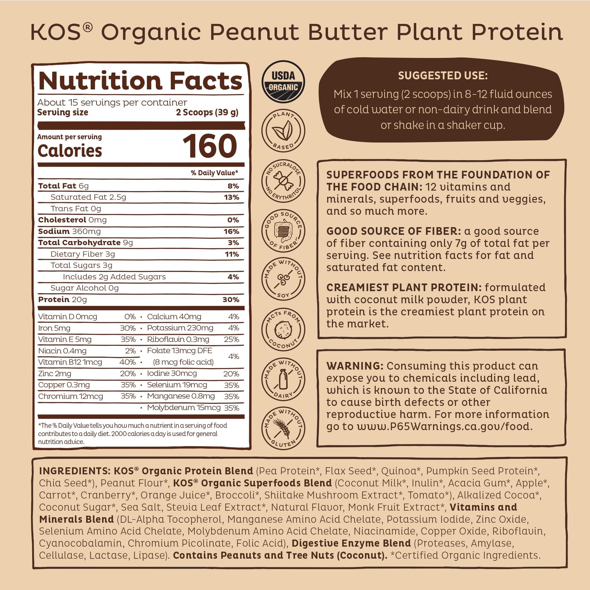 KOS Organic Plant Based Protein Powder, Chocolate Peanut Butter - Delicious Vegan Protein Powder - Keto Friendly, Gluten Free, Dairy Free & Soy Free - 15 Servings - Maple Wellness Supplements