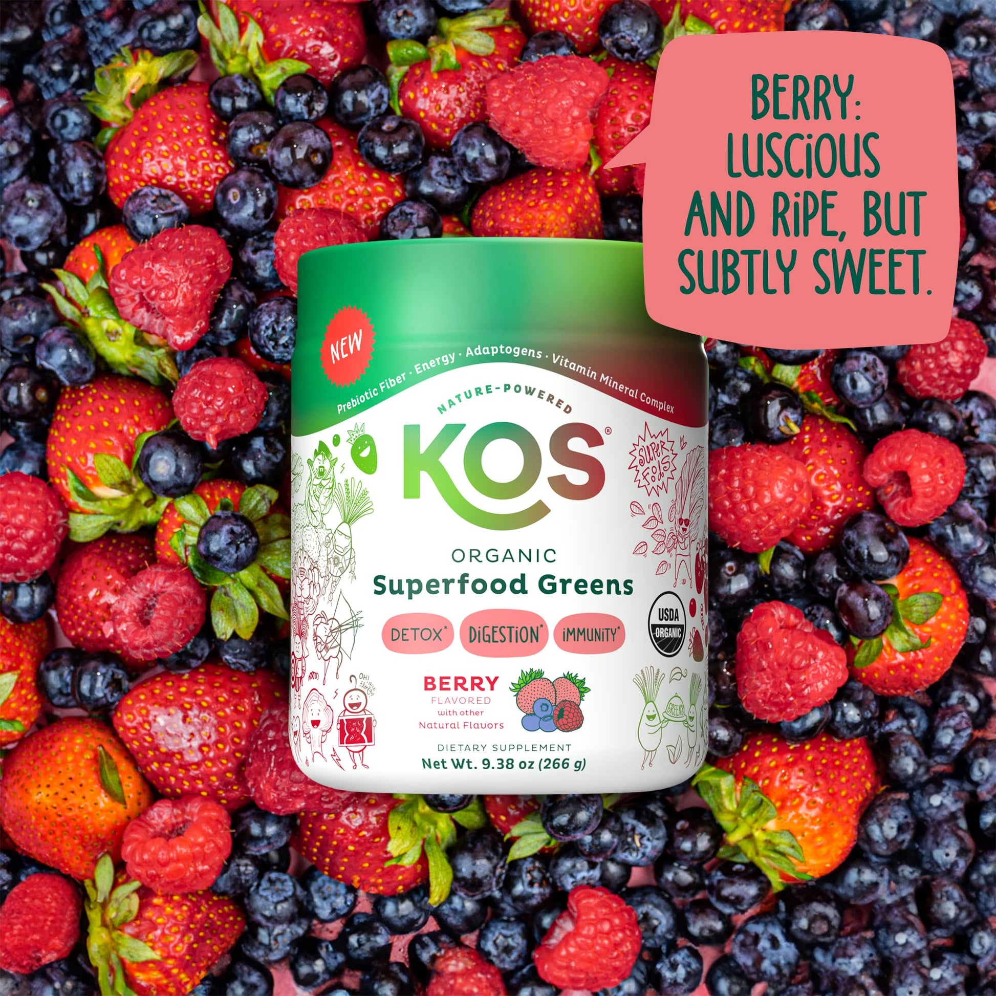 KOS Organic Superfood Greens Powder - Gut Health from Prebiotic Fiber, Supergreens and Adaptogens - USDA Certified Organic, Made in a GMP Certified Facility - 28 Servings Berry - Maple Wellness Supplements