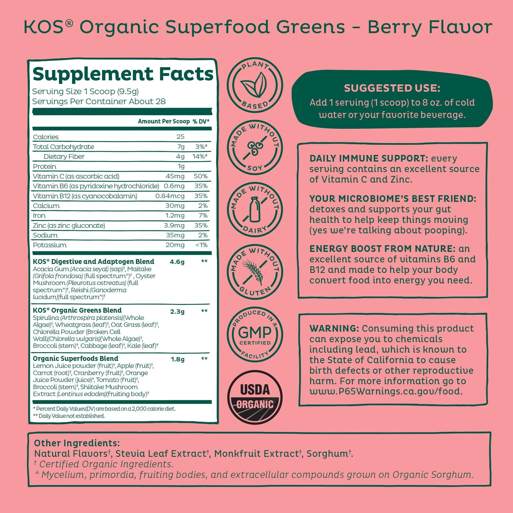 KOS Organic Superfood Greens Powder - Gut Health from Prebiotic Fiber, Supergreens and Adaptogens - USDA Certified Organic, Made in a GMP Certified Facility - 28 Servings Berry - Maple Wellness Supplements