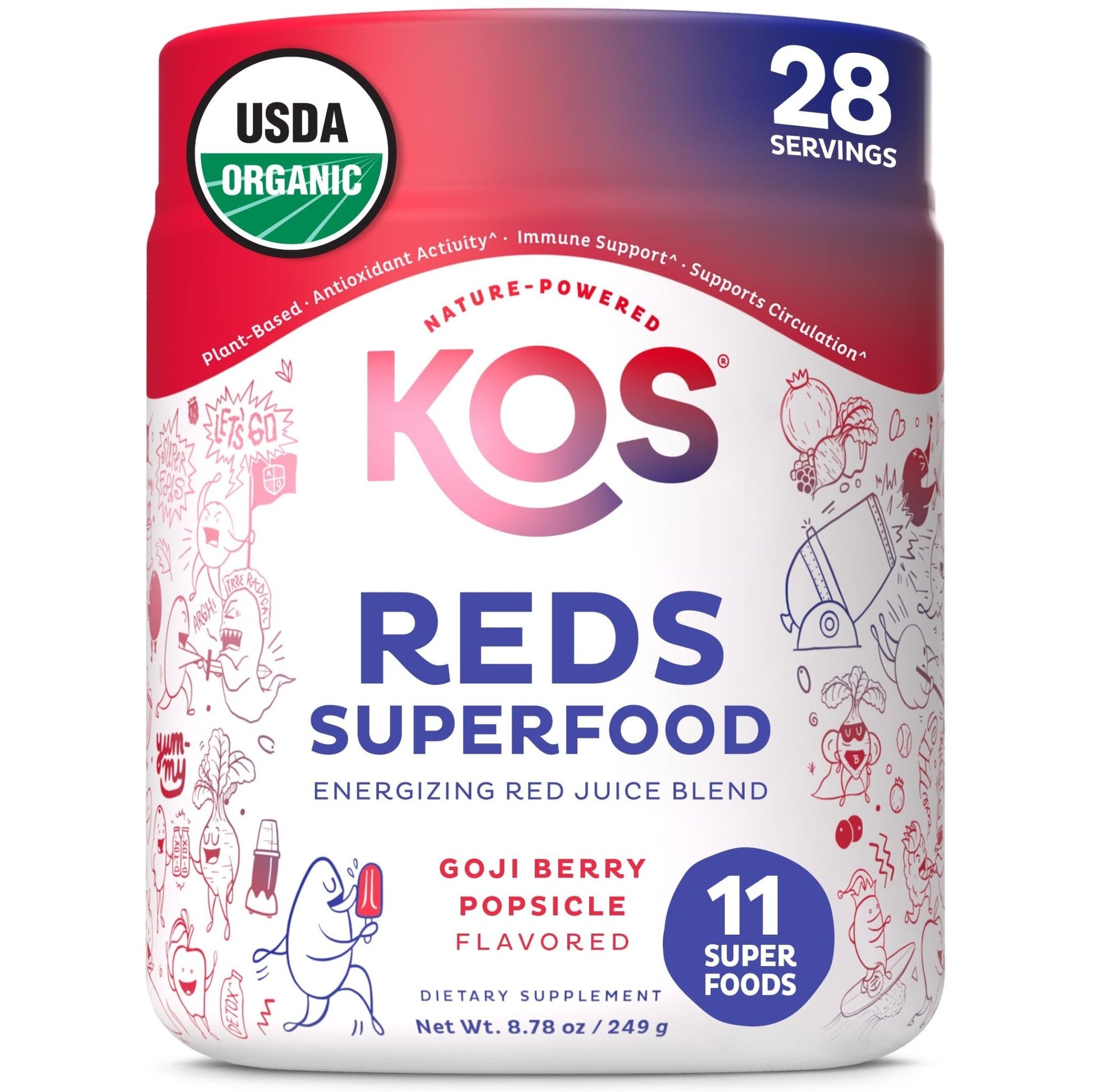KOS Reds Superfood Powder for Antioxidants - USDA Certified Organic Beet Root, Goji Berries, Acai, Pomegranate, Coconut Water & Digestion Enzymes- Goji Berry Popsicle Flavor - Maple Wellness Supplements