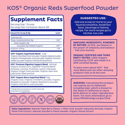 KOS Reds Superfood Powder for Antioxidants - USDA Certified Organic Beet Root, Goji Berries, Acai, Pomegranate, Coconut Water & Digestion Enzymes- Goji Berry Popsicle Flavor - Maple Wellness Supplements