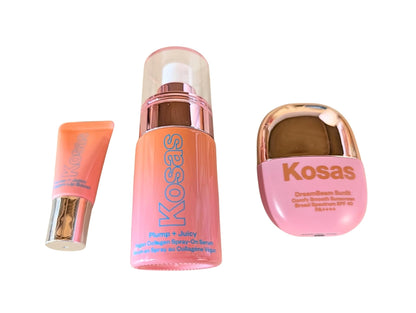 Kosas Plump + Juicy Makeup Prep Skincare Set – 3-Piece Mini Set with Collagen Spray-On Serum (1 oz), DreamBeam Sunlit SPF 40 PA++++ Sunscreen (0.5 oz), and Lip Booster (0.17 oz) - Maple Wellness Supplements